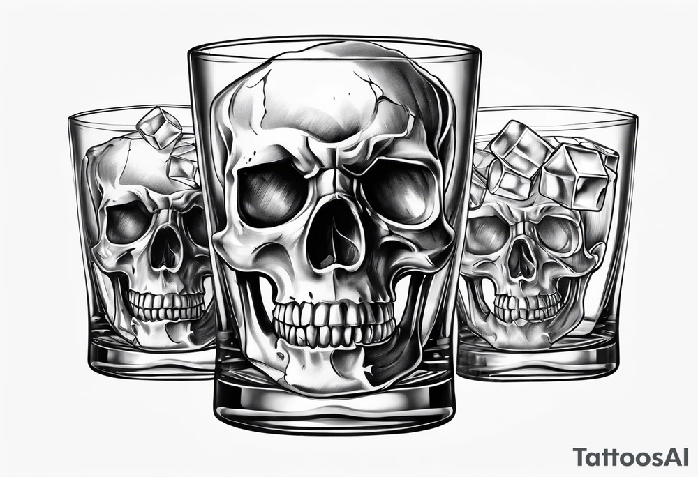 Whiskey glass with skull ice cubes tattoo idea