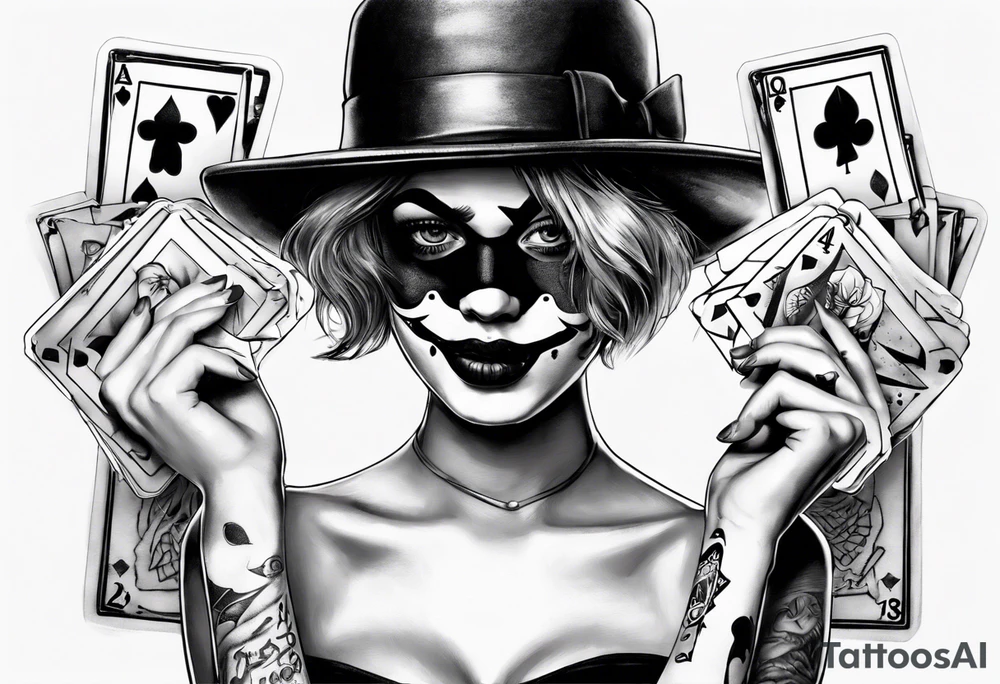 Blindfold girl with card joker tattoo idea