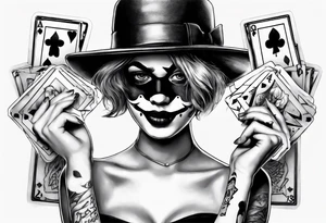 Blindfold girl with card joker tattoo idea