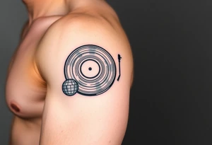 vinyl record player with a smaller disco ball to the side of it tattoo idea