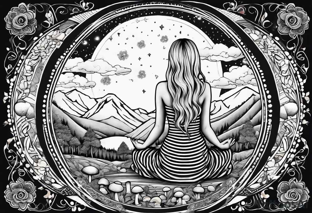 Straight blonde hair girl meditating facing away toward mountains surrounded by mushrooms crescent moon mandala circular design black and white striped dress tattoo idea