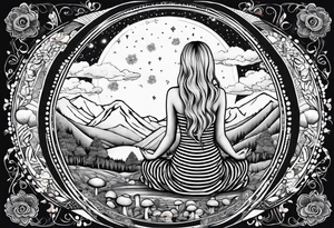 Straight blonde hair girl meditating facing away toward mountains surrounded by mushrooms crescent moon mandala circular design black and white striped dress tattoo idea