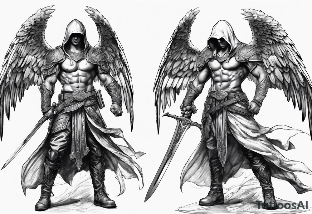 Arch angel hood fighting sword male full body tattoo idea