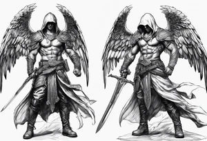 Arch angel hood fighting sword male full body tattoo idea