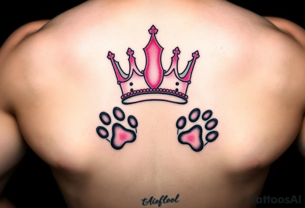 pink princess crown on top of puppy paw prints tattoo idea