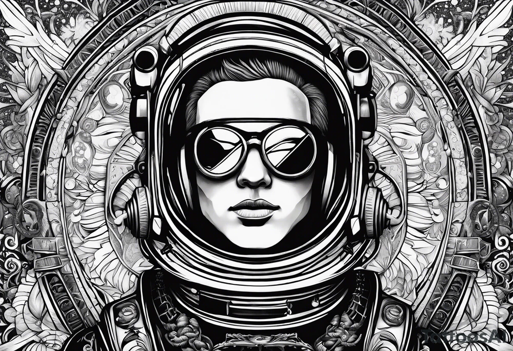 Craft an intricate black and white tattoo design inspired by the themes and imagery from Ray Bradbury's "Cosmonaut" and the poignant lyrics of Elton John's "Rocket Man." tattoo idea