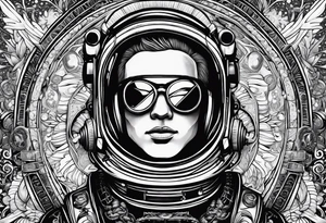 Craft an intricate black and white tattoo design inspired by the themes and imagery from Ray Bradbury's "Cosmonaut" and the poignant lyrics of Elton John's "Rocket Man." tattoo idea