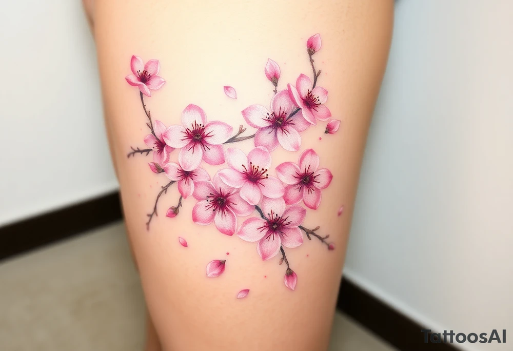 delicate cherry blossoms swirling in spring breeze with petals tattoo idea