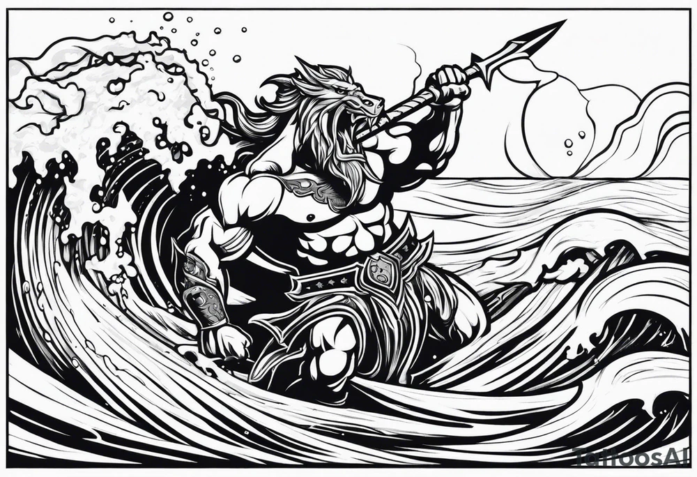posseidon with his trident in the water fighting a sea water monster tattoo idea
