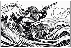 posseidon with his trident in the water fighting a sea water monster tattoo idea