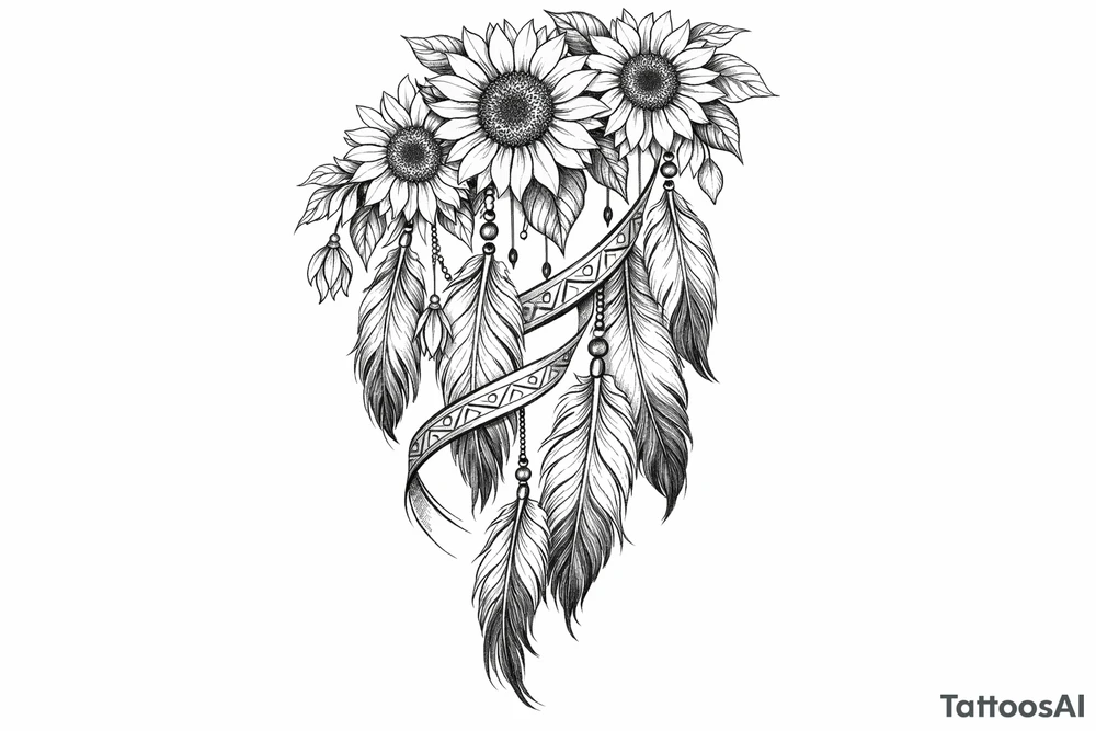Cascading Sunflowers on top of Indian feathers and Indian ribbon tattoo idea