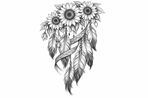 Cascading Sunflowers on top of Indian feathers and Indian ribbon tattoo idea