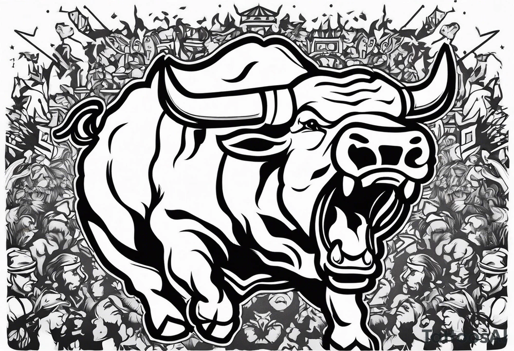 raging bull head busting through crowd tattoo idea