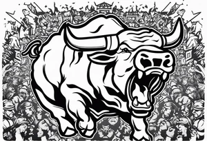 raging bull head busting through crowd tattoo idea