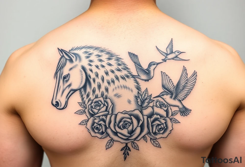 tattoo design featuring: wolf, horse, owl, dog, swallow, hummingbird - all interwoven with roses tattoo idea