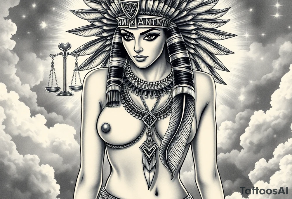 Sexy Egyptian goddess with a curvy body, breasts showing, and wide hips. She is wearing an ostrich feather headdress, and intricate ancient Egyptian jewelry the Anhk necklace. Background includes something similar to heaven. Incorporate the Scales of Justice—one side holding a heart, the other Ma’at’s feather—glowing with ethereal energy. Emphasize dramatic lighting, deep shadows, and surreal, mystical atmosphere tattoo idea