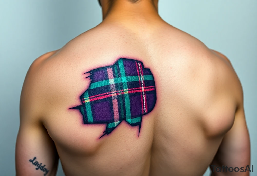 Dark Purple with green pink blue and white highlights tartan fabric on bicep with skin ripping away to reveal tartan underneath tattoo idea
