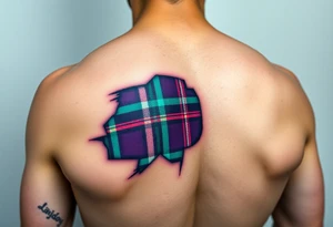 Dark Purple with green pink blue and white highlights tartan fabric on bicep with skin ripping away to reveal tartan underneath tattoo idea