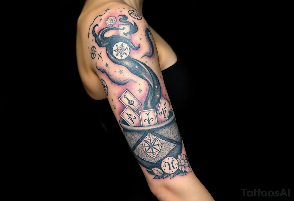 Milky way galaxy filled with zodiac symbols runes tarot cards coming out of a cauldron tattoo idea