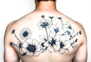 Half sleeve of Dark feminine gothic florals with daisies, poppies,  white narcissus, sweet peas and gladiolus tattoo idea