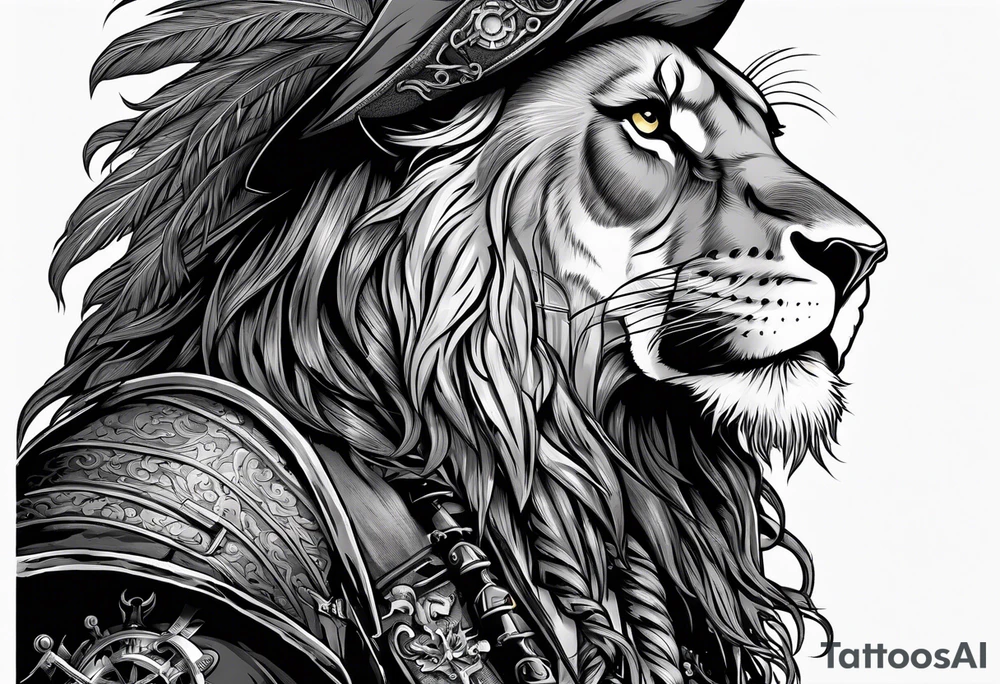 Pirate lion wearing jacket, sword and pistol, nautical steampunk theme. dreadlocks. tattoo idea