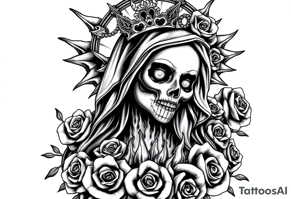 Powerful and evil Santa muerte rising from the ashes of hell, surrounded by unclaimed souls and roses tattoo idea