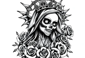 Powerful and evil Santa muerte rising from the ashes of hell, surrounded by unclaimed souls and roses tattoo idea