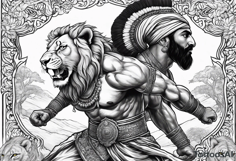 sikh warrior fighting with lion in background tattoo idea