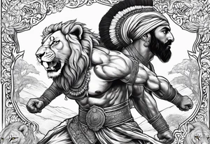 sikh warrior fighting with lion in background tattoo idea