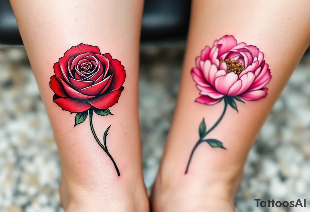 One partner wears a rose in deep red tones, while the other has a blooming peony in pink, together symbolizing eternal passion and beauty. tattoo idea