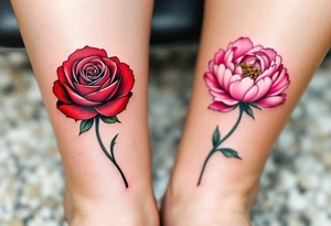 One partner wears a rose in deep red tones, while the other has a blooming peony in pink, together symbolizing eternal passion and beauty. tattoo idea
