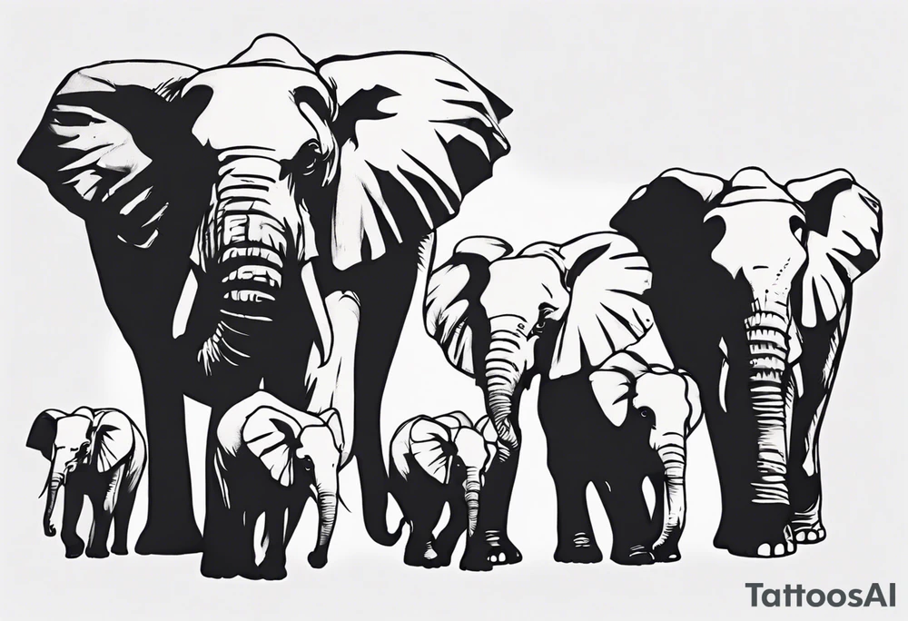 family of 6 elephants walking into sunset tattoo idea