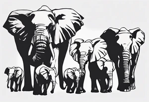 family of 6 elephants walking into sunset tattoo idea