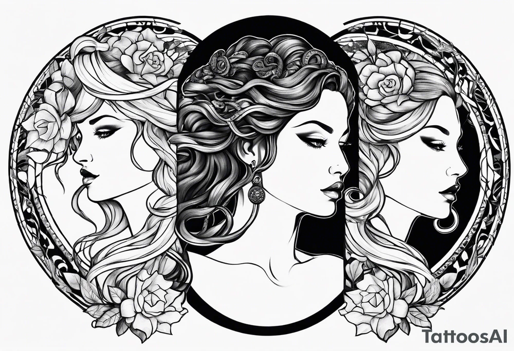 Persephone and medusa with snake hair side by side tattoo idea