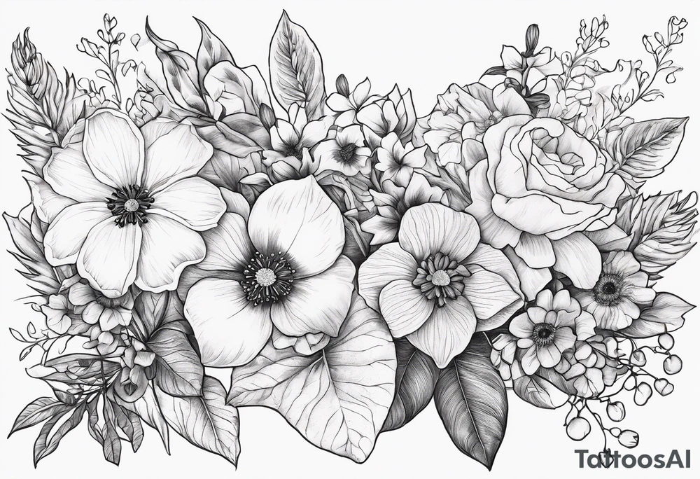 Floral Bouquet with blue hydrangea, Gladiolus, Poppy, Daisy, Sweet Pea, Narcissus, Poinsettia, and Holly with Asher & Emmersyn written in it tattoo idea