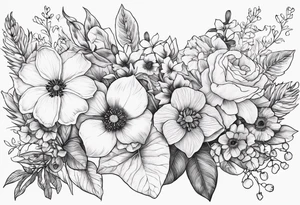 Floral Bouquet with blue hydrangea, Gladiolus, Poppy, Daisy, Sweet Pea, Narcissus, Poinsettia, and Holly with Asher & Emmersyn written in it tattoo idea