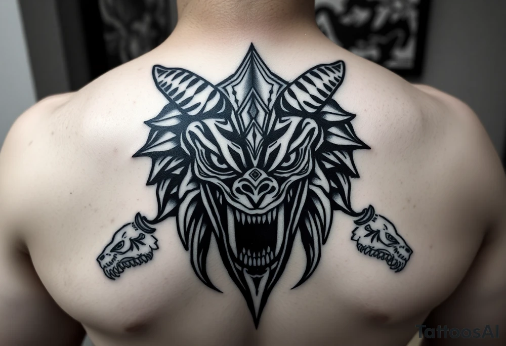 powerful majestic giant with a alien eyes and teeth like a sabertooth with horns like surrounded by vicious animals but not from earth and maybe needs some blood tattoo idea