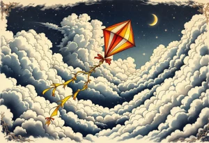 A red and gold kite soaring high over clouds, capturing childlike freedom and joy. tattoo idea