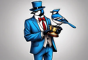 bluejay in a suit holding a trophy tattoo idea