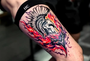 A leg sleeve merging AC and HC Sparta logos, surrounded by flames in red, orange, and violet. tattoo idea