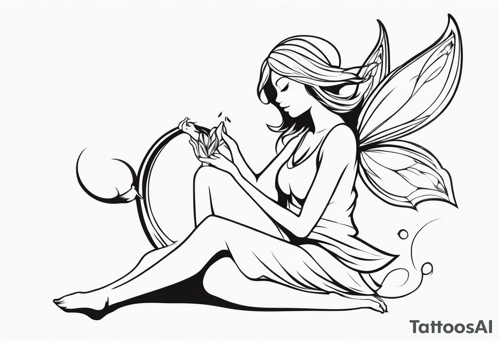 Minimalistic, monochromatic fairy with a tail flying to the left in a fetal position, leaning and looking in the same direction, with visible hands, embodying the 'Fairy Tail' logo aesthetic. tattoo idea