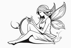 Minimalistic, monochromatic fairy with a tail flying to the left in a fetal position, leaning and looking in the same direction, with visible hands, embodying the 'Fairy Tail' logo aesthetic. tattoo idea