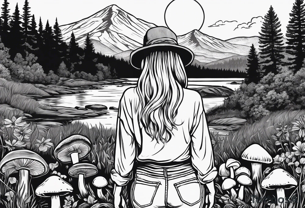 Whole picture encircled fully

Straight long blonde hair hippie girl in distance holding mushrooms in hand facing away toward mountains and creek surrounded by mushrooms long sleeve shirt and hiking pants; whole rendering within a full circle, no cut off circle tattoo idea