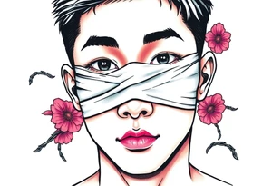 Handsome Asian young guy with 
 eyes covered with a bandage tattoo idea