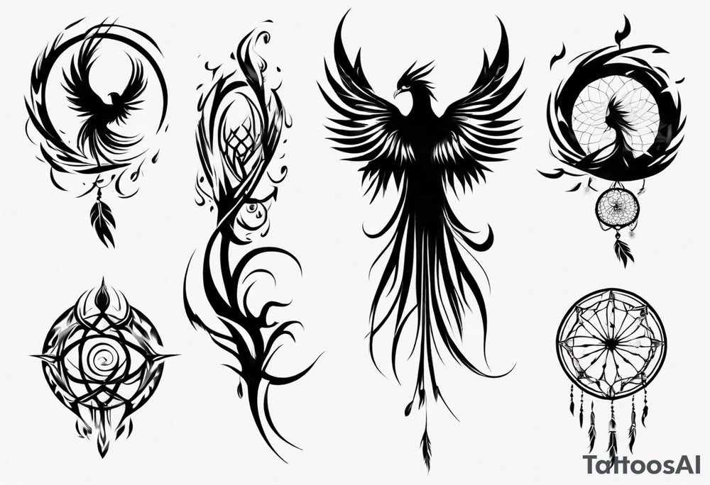 Vertical Phoenix with abstract dream catcher tail tattoo idea