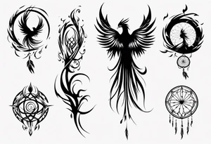 Vertical Phoenix with abstract dream catcher tail tattoo idea