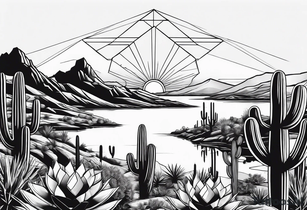 Arizona desert with lakes and mountains over cactus all in the shape of a diamond tattoo idea