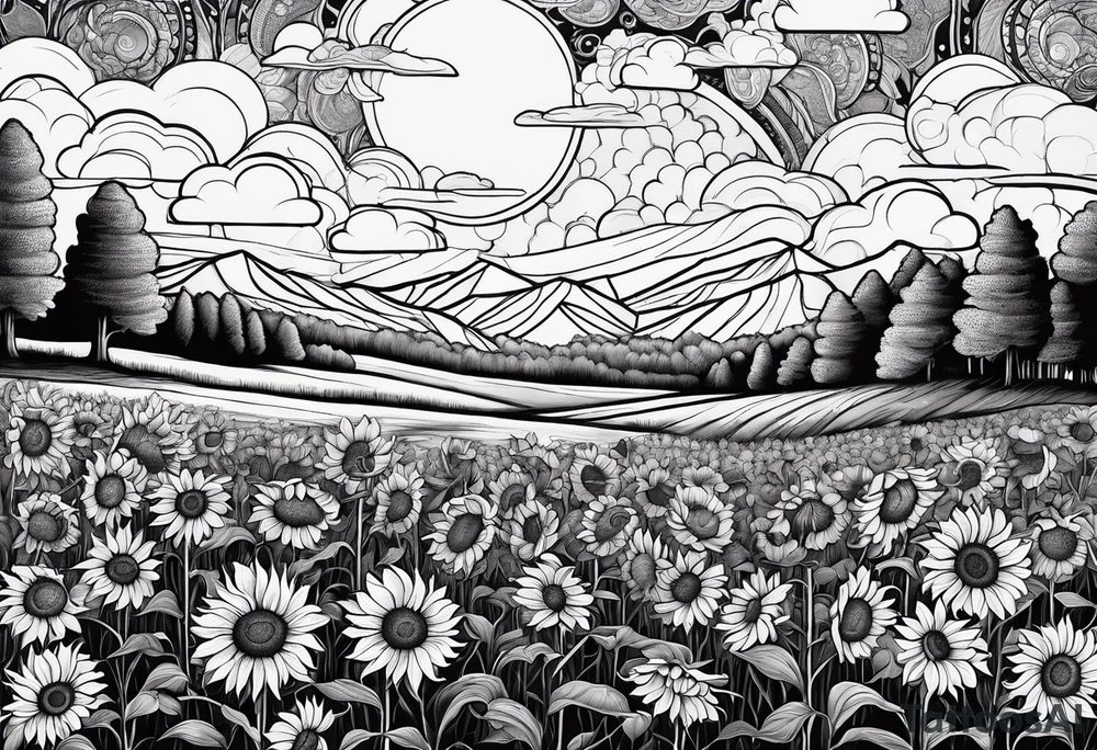 beautiful and heavily detailed sunflower meadow valley with two large bumble occupying the sky with perfect cumulous clods tattoo idea