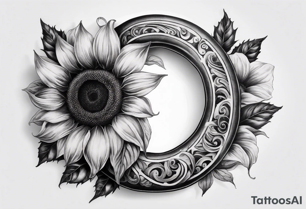 Realistic Horseshoe around a sunflower tattoo idea