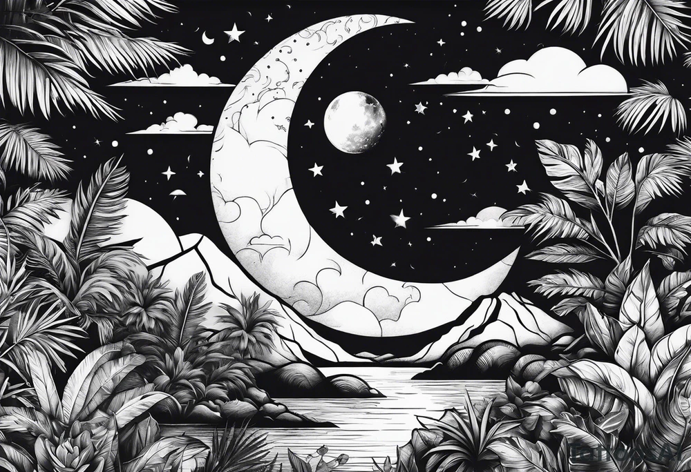 simple jungle, rocket, moon tattoo idea